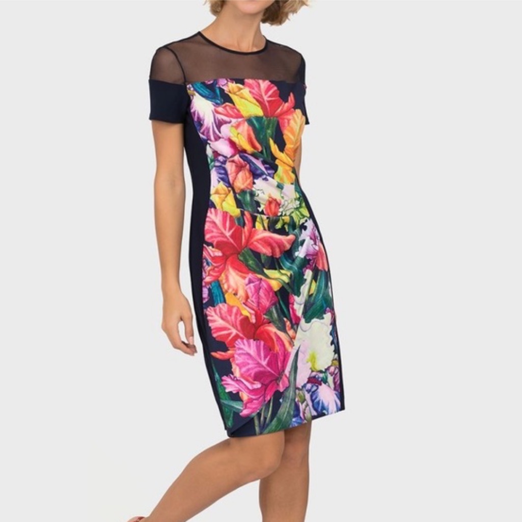 Nwt Sz 12 Joseph Ribkoff Floral Navy Midi Ruched Dress